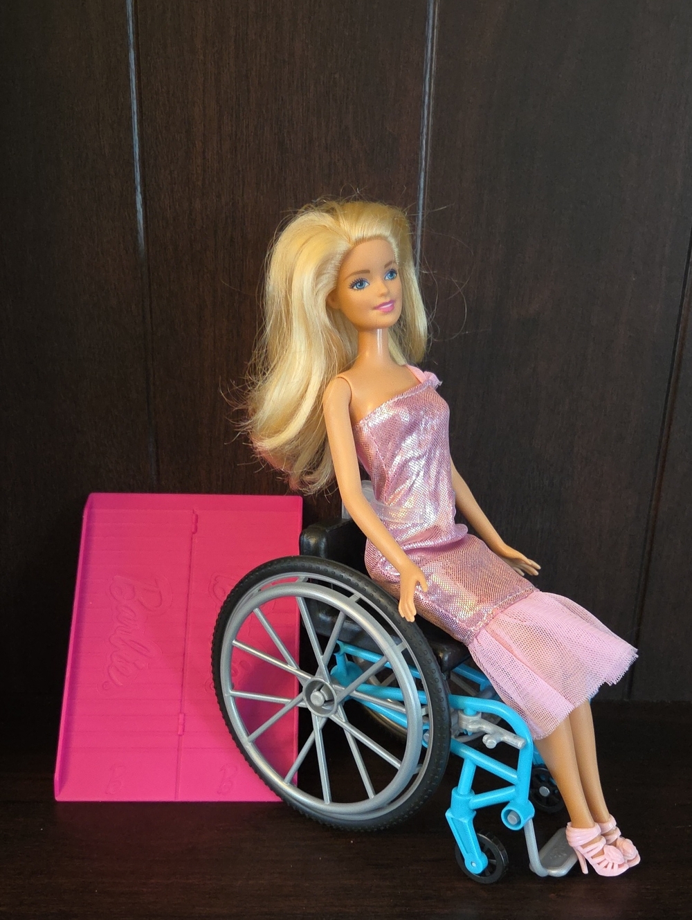 Barbie Pink Dress with Blue Wheelchair And Ramp